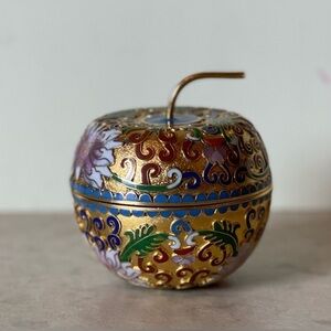 Vintage Apple Shape Enamel Gold Brass Trinket Chinese Cloisonné Jar Unburnt